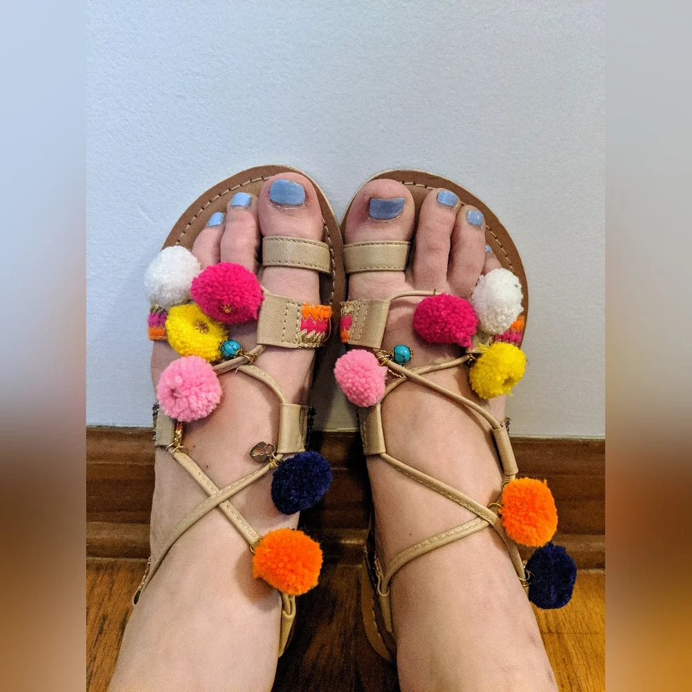 Asos Boho Pom Pom Colorful Tie Up Flat Sandals Size 7 Fesrival